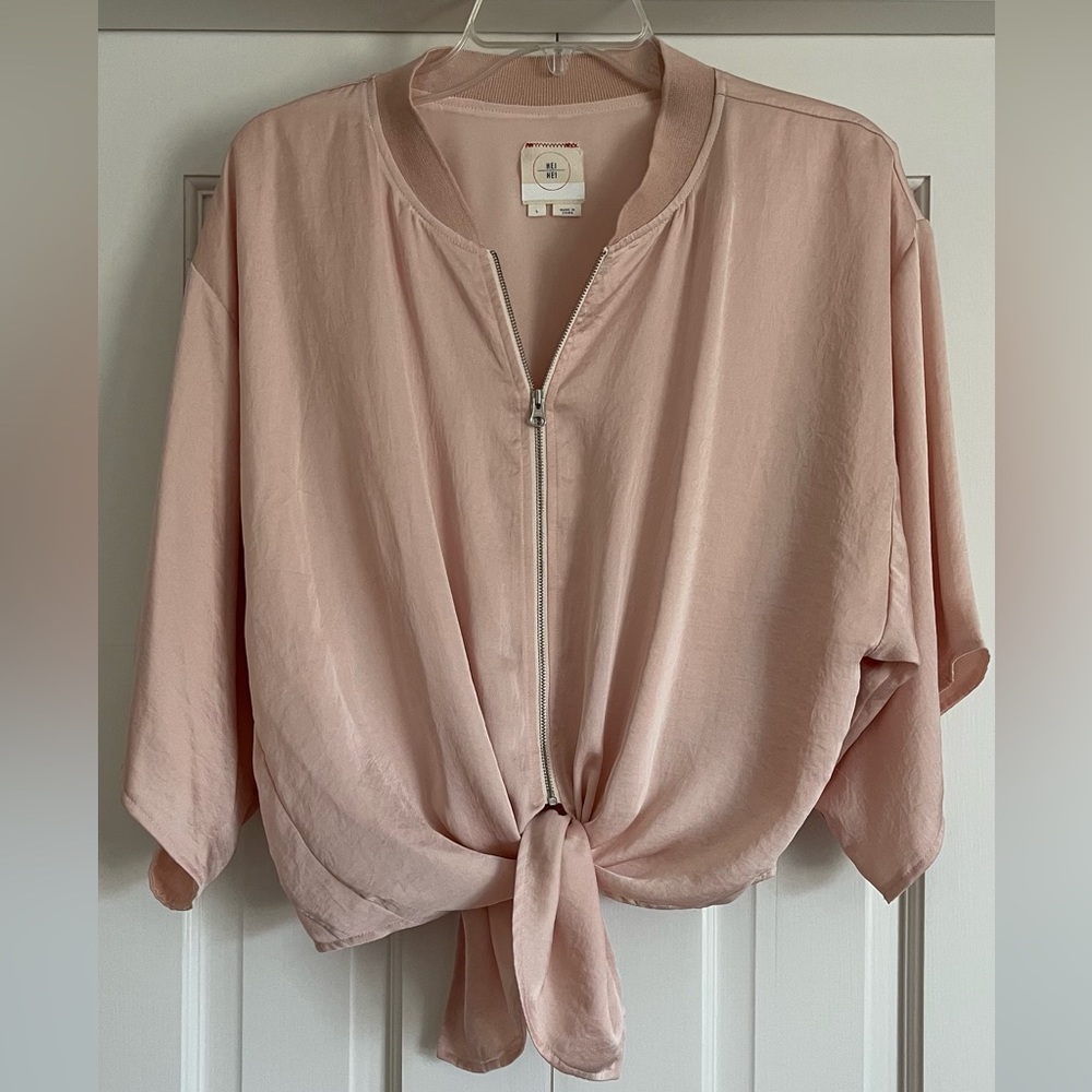 HEI HEI by Anthropologie Athleisure Pink Satin-like Jacket w/Tie Front, Size L